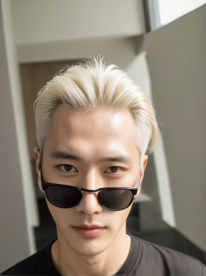 White-haired man wearing sunglasses and a black shirt, very pale blond hair, very very blonde hair, high viewing angle, one blond man looks like gojo, 8 k, White hair