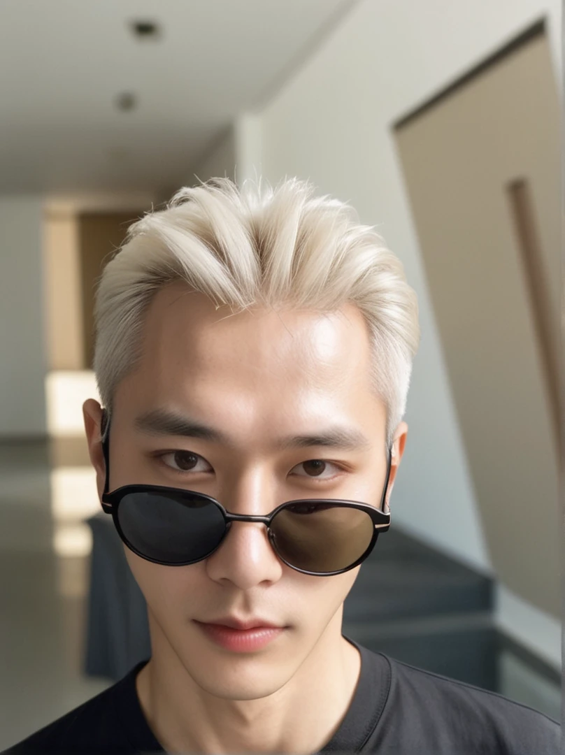 White-haired man wearing sunglasses and a black shirt, very pale blond hair, very very blonde hair, high viewing angle, one blond man looks like gojo, 8 k, White hair