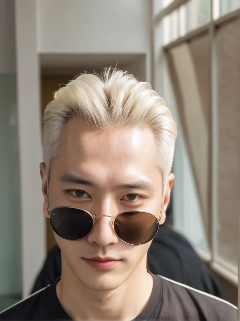 White-haired man wearing sunglasses and a black shirt, very pale blond hair, very very blonde hair, high viewing angle, one blond man looks like gojo, 8 k, White hair