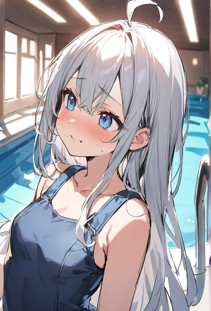 「Cute neighbor Aarya blushing in embarrassment、Face close-up、Long silver hair、Blue eyes、((Wear a small red ribbon on the right side of your head))、School swimsuit、Redness on the cheeks、A shy smile、Soft pastel colors、Soft lighting、high quality、Typical Russian apartment detailed background」Being in an indoor swimming pool、Overall view、Big Breastasterpiece、high quality、sketch.Ahoge、Long Hair、Plain