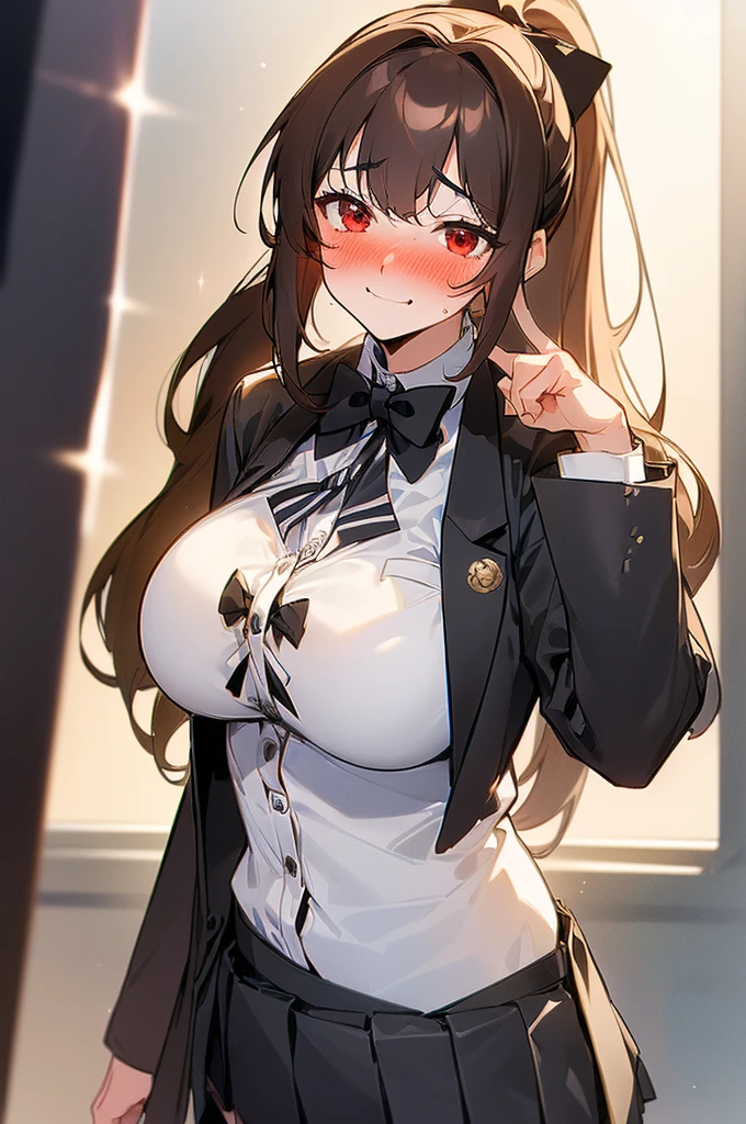 {masterpiece, distinct_image, extremely detailed CG, (extremely detailed fine touch:1.2),beautiful eyes and detailed face, (white_light, light rays, dappled light, ray tracing:1.2), photo realistic, 4k, 8k, high_resolution, (perfect_finger:1.5), (beautiful_detailed_eyes:1.3), glitter, white_light, (glow_white_face, front_light:1.3),{1girl, face_focus, looking for_in_viewer, cowboy_shot, standing},{adult,curvy, (huge_breasts, wide_hip:1.3),thigh_gap, groin, narrow waist, skinny stomach,(Fantasy Academy school student uniform, white button shirt, black bow tie, black Tailored jacket, mini pleated skirt:1.7),(brown hair, long hair, red eyes, bangs, ponytail:1.3),absurd expression, embarrassed face}