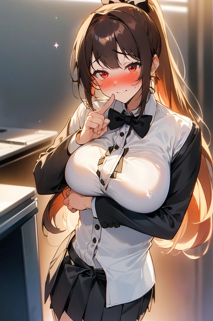 {masterpiece, distinct_image, extremely detailed CG, (extremely detailed fine touch:1.2),beautiful eyes and detailed face, (white_light, light rays, dappled light, ray tracing:1.2), photo realistic, 4k, 8k, high_resolution, (perfect_finger:1.5), (beautiful_detailed_eyes:1.3), glitter, white_light, (glow_white_face, front_light:1.3),{1girl, face_focus, looking for_in_viewer, cowboy_shot, standing},{adult,curvy, (huge_breasts, wide_hip:1.3),thigh_gap, groin, narrow waist, skinny stomach,(Fantasy Academy school student uniform, white button shirt, black bow tie, black Tailored jacket, mini pleated skirt:1.7),(brown hair, long hair, red eyes, bangs, ponytail:1.3),absurd expression, embarrassed face}