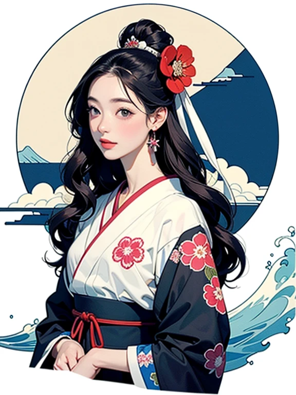 (Highest quality、masterpiece、High resolution、8K)、Ukiyo-e、Vibrant colors、1 female、The kimono has a vivid floral pattern on a white background.、Katsushika Hokusai、White waves and Mt. Fuji、White waves, the moon and a woman、White waves, a boat and a woman、White waves and a woman、Long Black Hair、White waves and a womanとカモメ、Official Art、Detailed CG、