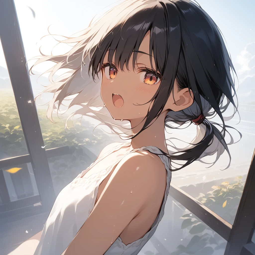 score_9, score_8_up, score_7_up, source_anime, best quality, masterpiece, official art, absurdres, highres, ultra-detailed,waifu2x,Collection: Slice of Life,break,1girl, tomboy, dark-skinned female, short hair, low ponytail, flat chest, beautiful detailed eyes, short shorts, sweat, open mouth, (yawn:0.3), sleepily, outdoors, wind,break,(clear line illustration:1.2), super detailed skin,very high resolution, very aesthetic, Best sexual lighting powered by famous artist, 8k,cute picture,beauty illustration,photoshop_(medium),,(Detailed Lighting),best anime 8k konachan wallpaper, pixiv contest winner, 