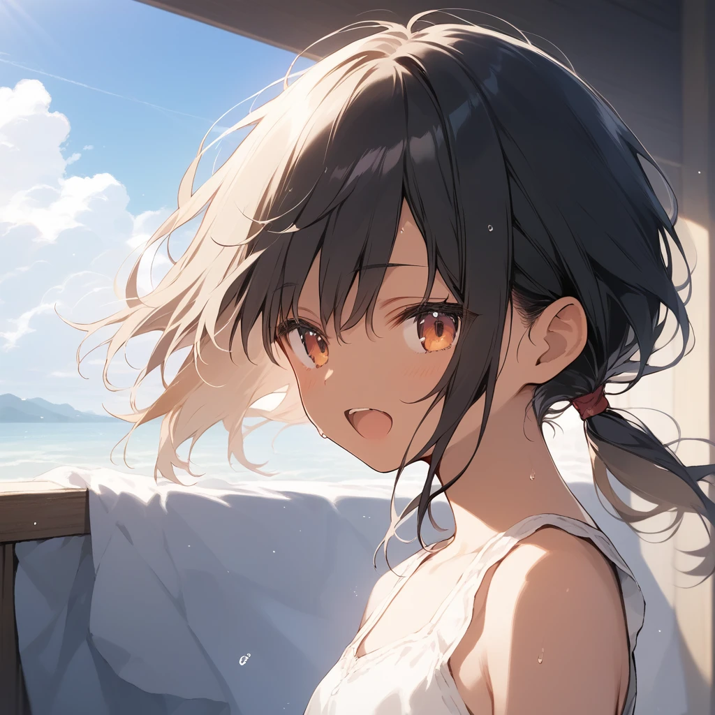 score_9, score_8_up, score_7_up, source_anime, best quality, masterpiece, official art, absurdres, highres, ultra-detailed,waifu2x,Collection: Slice of Life,break,1girl, tomboy, dark-skinned female, short hair, low ponytail, flat chest, beautiful detailed eyes, short shorts, sweat, open mouth, (yawn:0.3), sleepily, outdoors, wind,break,(clear line illustration:1.2), super detailed skin,very high resolution, very aesthetic, Best sexual lighting powered by famous artist, 8k,cute picture,beauty illustration,photoshop_(medium),,(Detailed Lighting),best anime 8k konachan wallpaper, pixiv contest winner,