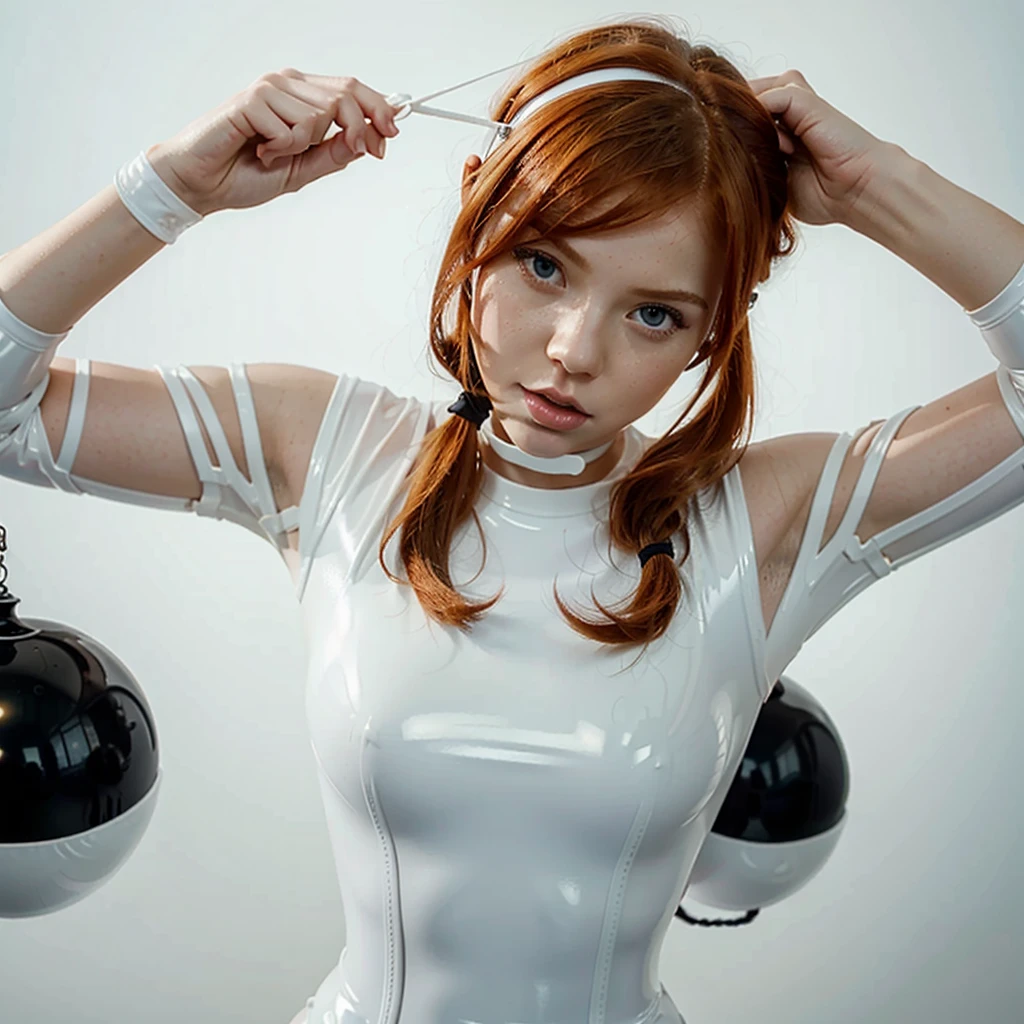 Ginger girl in a white latex combinaison, with a black blindfold, tied up, with a ball in her mouth