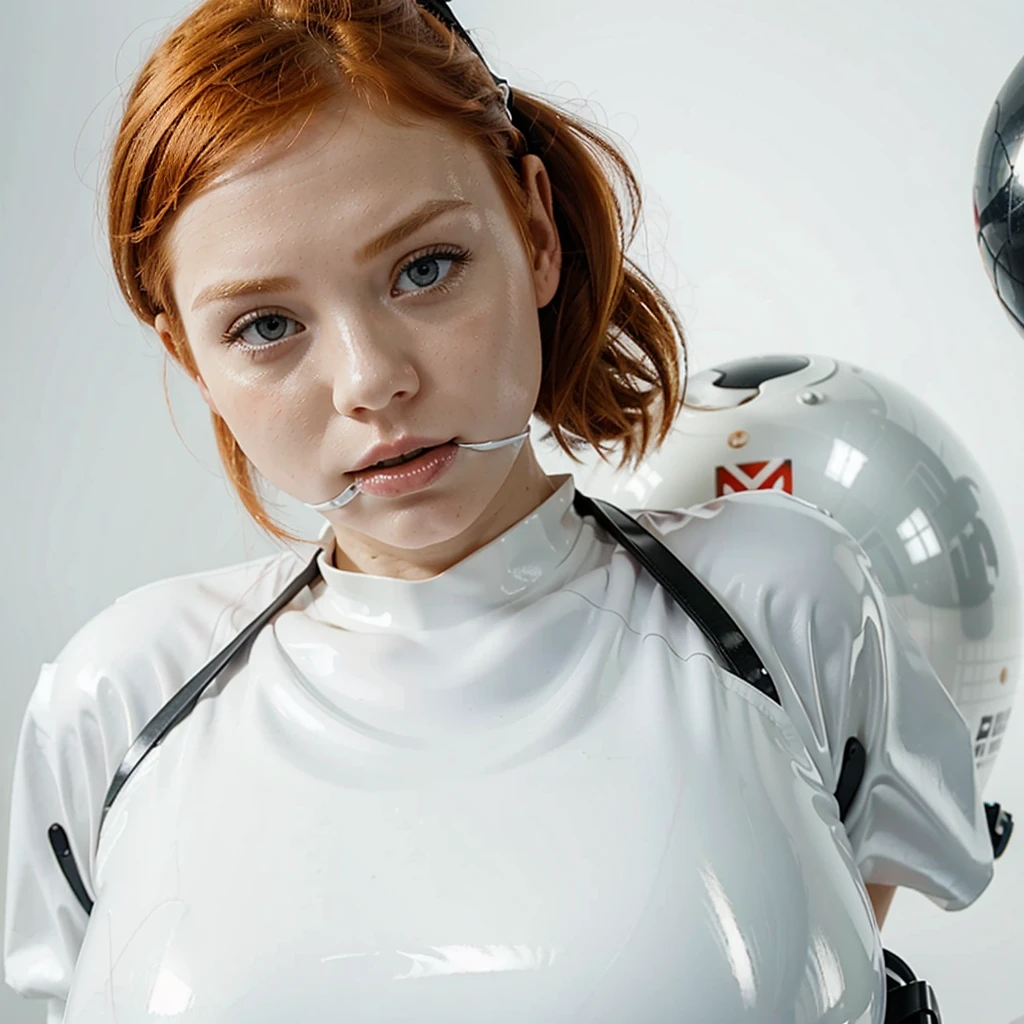 Ginger girl in a white latex combinaison, with a black blindfold, tied up, with a ball in her mouth