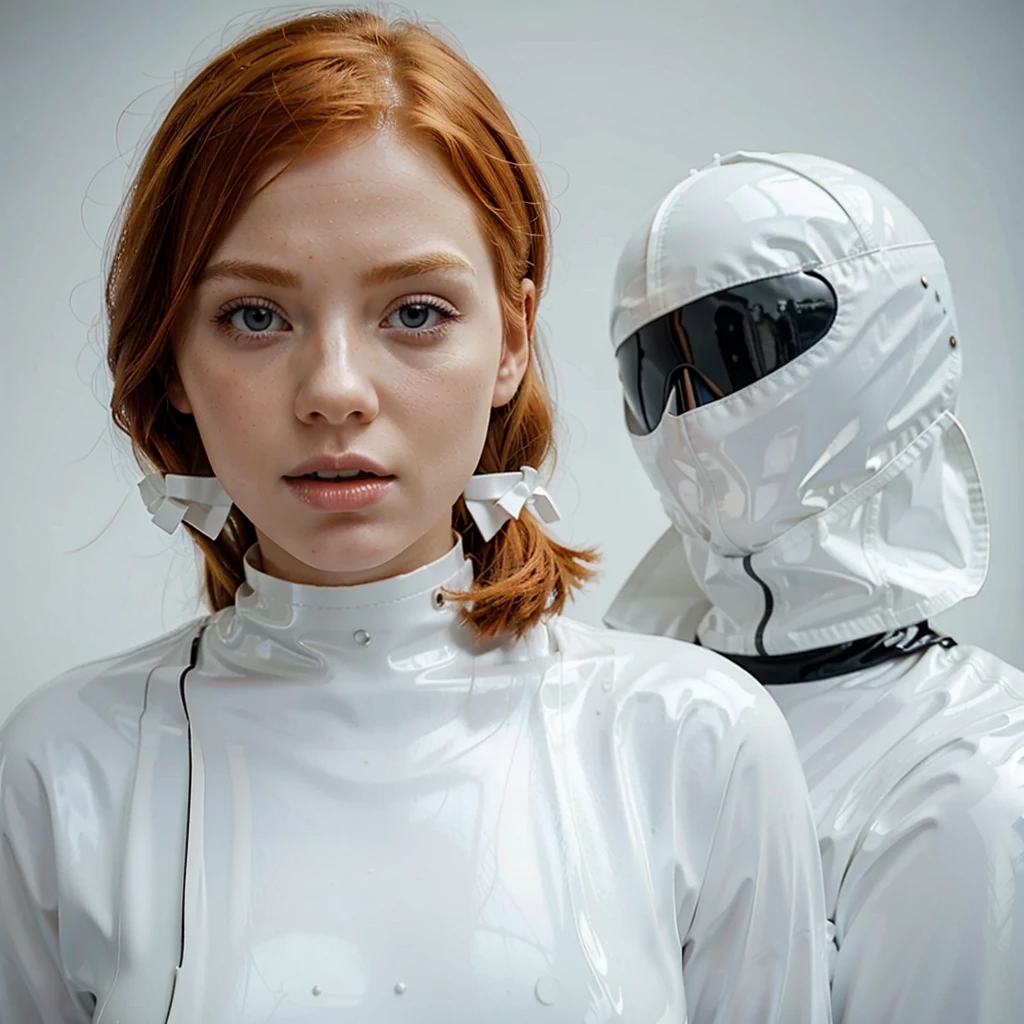 Ginger girl in a white latex combinaison, with a black blindfold, tied up, with a ball in her mouth