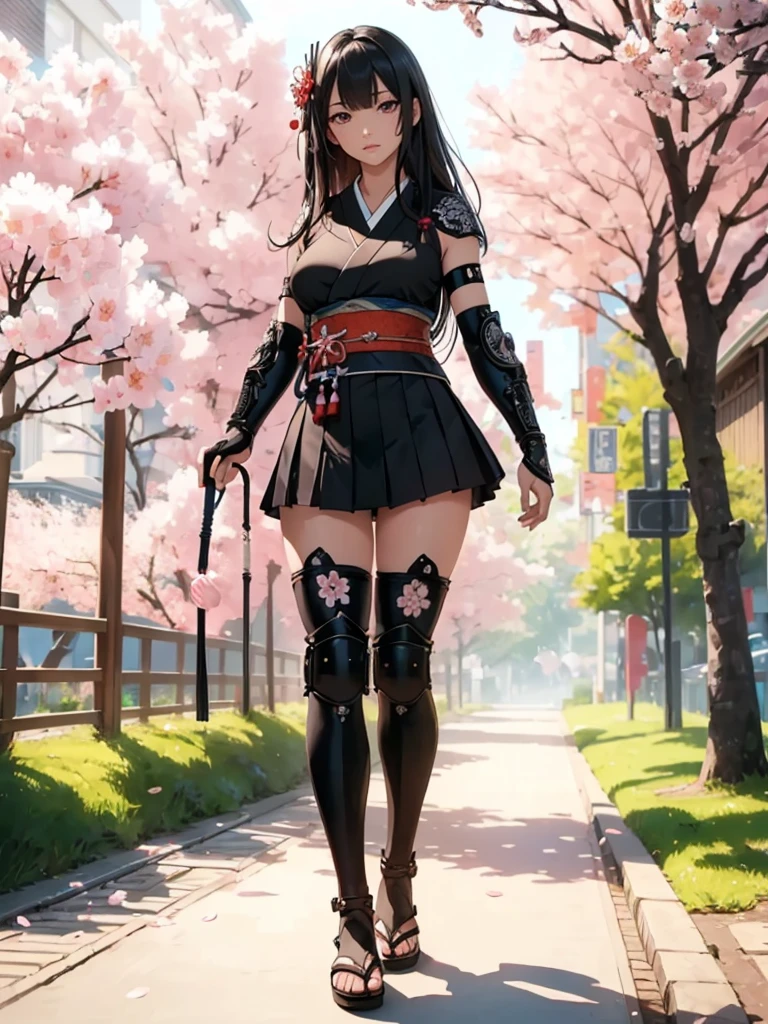((1girl, solo)), beautiful body, (perfect anatomy, perfect body, perfect hands, perfect legs), (five fingers:1.5), natural proportions, sexy body, large breasts, cowboy shot BREAK
((extremely detailed face)), (beautiful detailed eyes:1.6), (realistic pupils, realistic iris:1), expressive eyes, looking at viewer, (clear eyes:1.3), (hyperrealistic:1.2), (detailed skin texture:1.2), smooth skin, (black hair:1.5), (red eyes:1.3), long hair, (straight hair:1.5), (((bangs))), ((blunt bangs)), hair ornament, hair flower, (detailed lips:1.2), (attractive lips:1.1), (glossy lips:1.1), (parted lips), perfect face, perfect eyes BREAK
Samurai, japanese clothes, (short kimono:1.5), sleeveless, elbow gloves, (arm guard:1.5), (micro mini skirt:1.3), pleated skirt, black skirt, zettai ryouiki, thighs, black thighhighs, (greaves:1.3), skindentation, tassel, shimenawa BREAK
Outdoors, day, (spring:1.3), (((cherry blossoms))), nature, ((trees)), ((ancient japan)), medieval fantasy BREAK
(masterpiece:1.5), anime-style, top quality, best quality, (beautiful and aesthetic:1.2), (ultra detail:1.5), Ultra-detailed depiction, Ultra-precise depiction, extremely detailed 8k illustration, high resolution, (highly detailed shading:1.2), (realistic lighting:1.4), perfect lighting, vibrant colors, dynamic tones, striking hues, 8k, absurd resolution, perfect shadows, hdr, UHD, ambient lighting, realistic, ultra-realistic, photo realistic, highly detailed, rich detail, luminous colors, fine texture, intricate design, professional illustration, (soft light:1.2), (illustration:0.7)