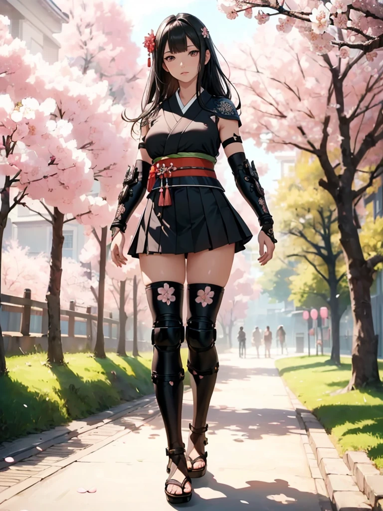 ((1girl, solo)), beautiful body, (perfect anatomy, perfect body, perfect hands, perfect legs), (five fingers:1.5), natural proportions, sexy body, large breasts, cowboy shot BREAK
((extremely detailed face)), (beautiful detailed eyes:1.6), (realistic pupils, realistic iris:1), expressive eyes, looking at viewer, (clear eyes:1.3), (hyperrealistic:1.2), (detailed skin texture:1.2), smooth skin, (black hair:1.5), (red eyes:1.3), long hair, (straight hair:1.5), (((bangs))), ((blunt bangs)), hair ornament, hair flower, (detailed lips:1.2), (attractive lips:1.1), (glossy lips:1.1), (parted lips), perfect face, perfect eyes BREAK
Samurai, japanese clothes, (short kimono:1.5), sleeveless, elbow gloves, (arm guard:1.5), (micro mini skirt:1.3), pleated skirt, black skirt, zettai ryouiki, thighs, black thighhighs, (greaves:1.3), skindentation, tassel, shimenawa BREAK
Outdoors, day, (spring:1.3), (((cherry blossoms))), nature, ((trees)), ((ancient japan)), medieval fantasy BREAK
(masterpiece:1.5), anime-style, top quality, best quality, (beautiful and aesthetic:1.2), (ultra detail:1.5), Ultra-detailed depiction, Ultra-precise depiction, extremely detailed 8k illustration, high resolution, (highly detailed shading:1.2), (realistic lighting:1.4), perfect lighting, vibrant colors, dynamic tones, striking hues, 8k, absurd resolution, perfect shadows, hdr, UHD, ambient lighting, realistic, ultra-realistic, photo realistic, highly detailed, rich detail, luminous colors, fine texture, intricate design, professional illustration, (soft light:1.2), (illustration:0.7)