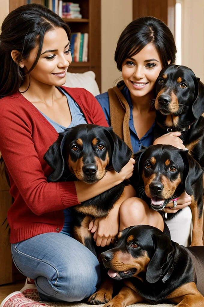 Beautiful woman supporting children with three dogs
