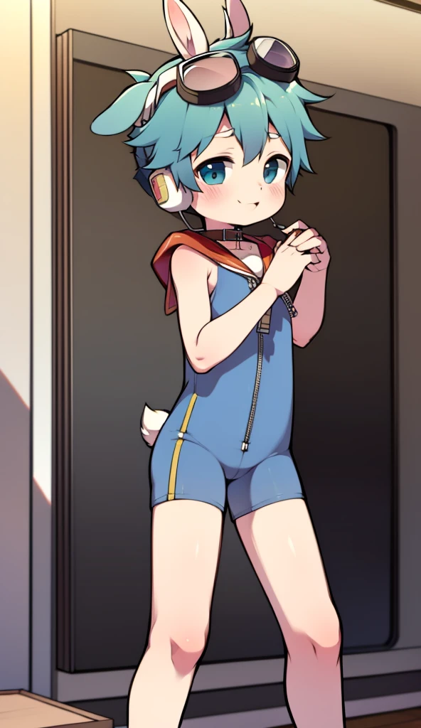 2D Boy Shota,One-piece loungewear,Slim, healthy body,Put the headphones on your head,stand up,goggles,Rabbit ears,happy,Sailor collar,tie,Zipper pulled down,hood