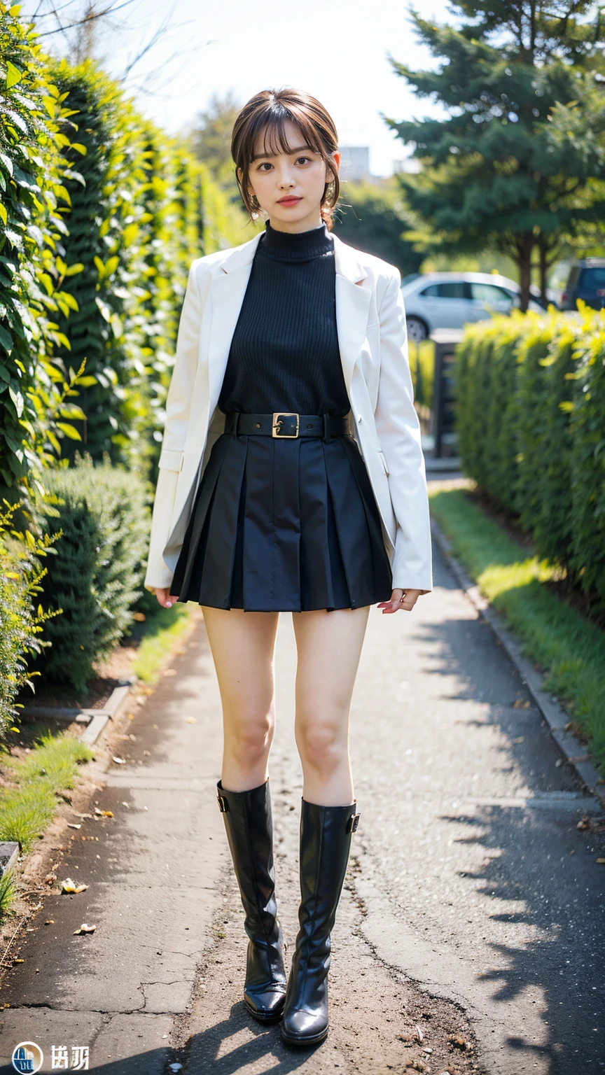 (8K、RAW Photos、Highest quality、masterpiece:1.2)、(Realistic、Realistic)、1 Girl、((Check mini skirt、Jacket、black、Thin legs、whole body、boots、one piece、tights、garden、View from the front、Looking into the camera、belt、Stand with hands on hips))、cute
