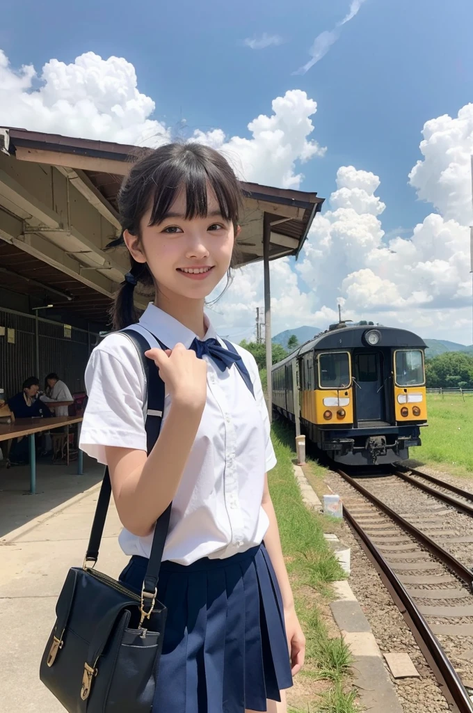 girls in rural railway station,train on far side,cumulonimbus cloud in summer sky,short-sleeved white shirt with sailor collar,navy blue pleated skirt,school bag,18-year-old,bangs,a little smile,thighs,knees,short hair with low pigtails bunches,from beside,front light