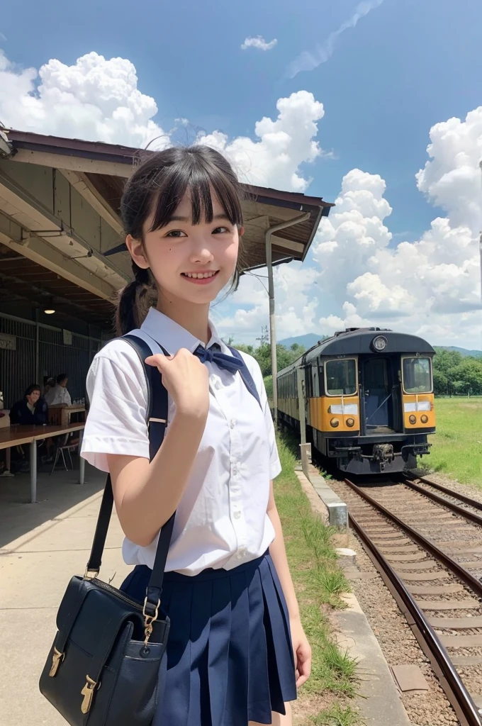 girls in rural railway station,train on far side,cumulonimbus cloud in summer sky,short-sleeved white shirt with sailor collar,navy blue pleated skirt,school bag,18-year-old,bangs,a little smile,thighs,knees,short hair with low pigtails bunches,from beside,front light