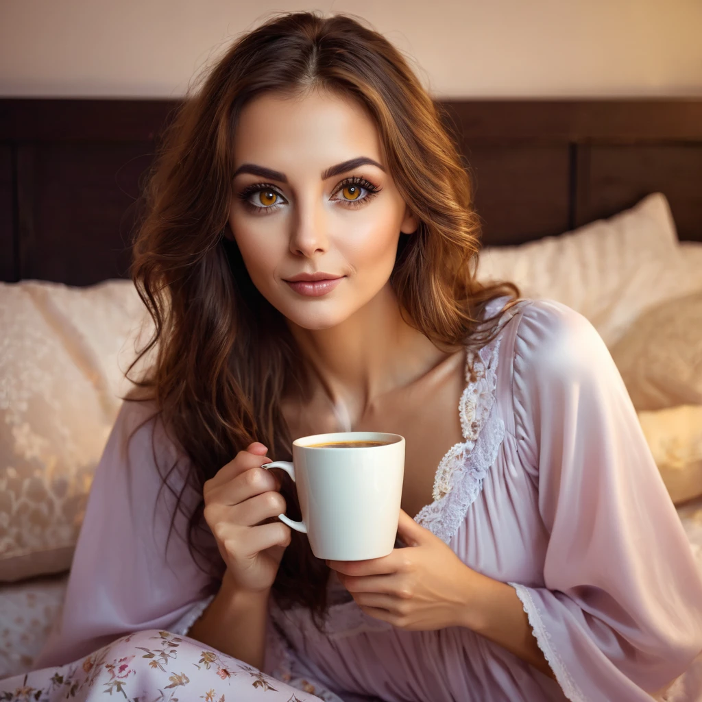 stubble beard woman, brown hair, amber eyes, in nightgown, drinks coffee