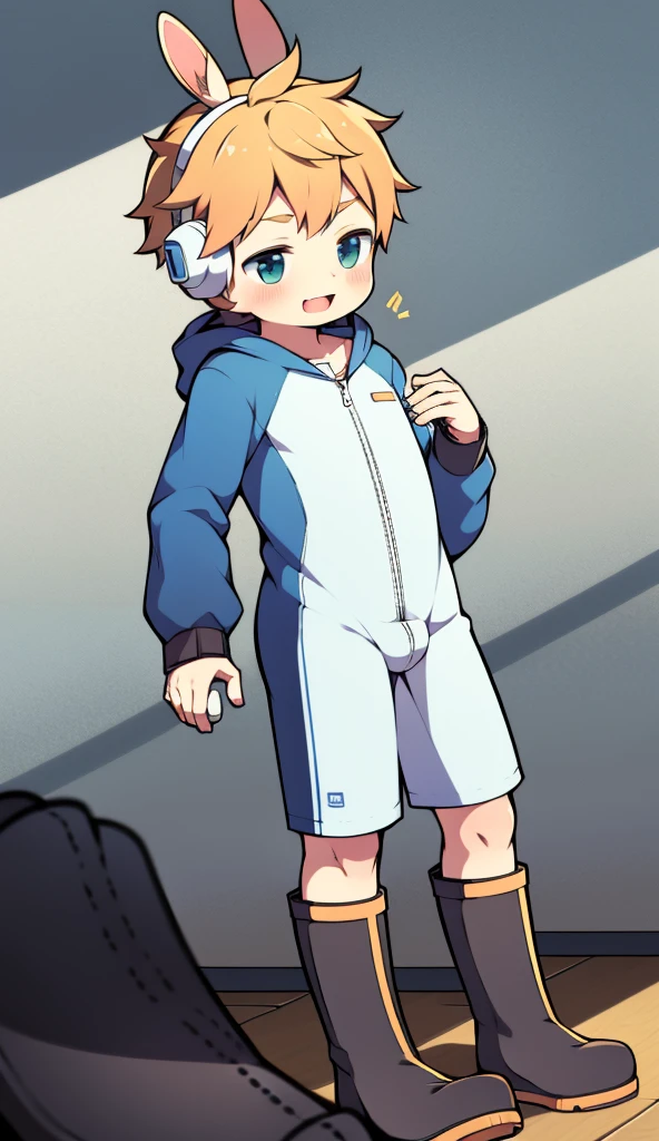 2D Boy Shota,One-piece mountaineering suit,Slim, healthy body,Put the headphones on your head,stand up,goggles,Rabbit ears,happy,Sailor collar,tie,Zipper pulled down,boots,hood