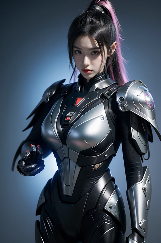 Game Art,Best image quality,Maximum resolution,8K,((A bust photo)),((portrait)),(Rule of Thirds),Unreal Engine 5 rendering works, (Future girl),(Female Warrior), 22-year-old young hacker),(Oriental hairstyle),(Beautiful eyes full of details),(Large Breasts),(Eyeshadow),Elegant and charming,indifferent,((frown)),(Combat uniforms full of futuristic technology,This costume combines futuristic power armor and,Clothing is decorated with glittering patterns and emblems),(裤裆部裸露上有个大lamp),Cyberpunk Characters,in the style of futuristic, lamp,Ray Tracing,Game CG,((3D Unreal Engine)),OC rendering reflection mode
