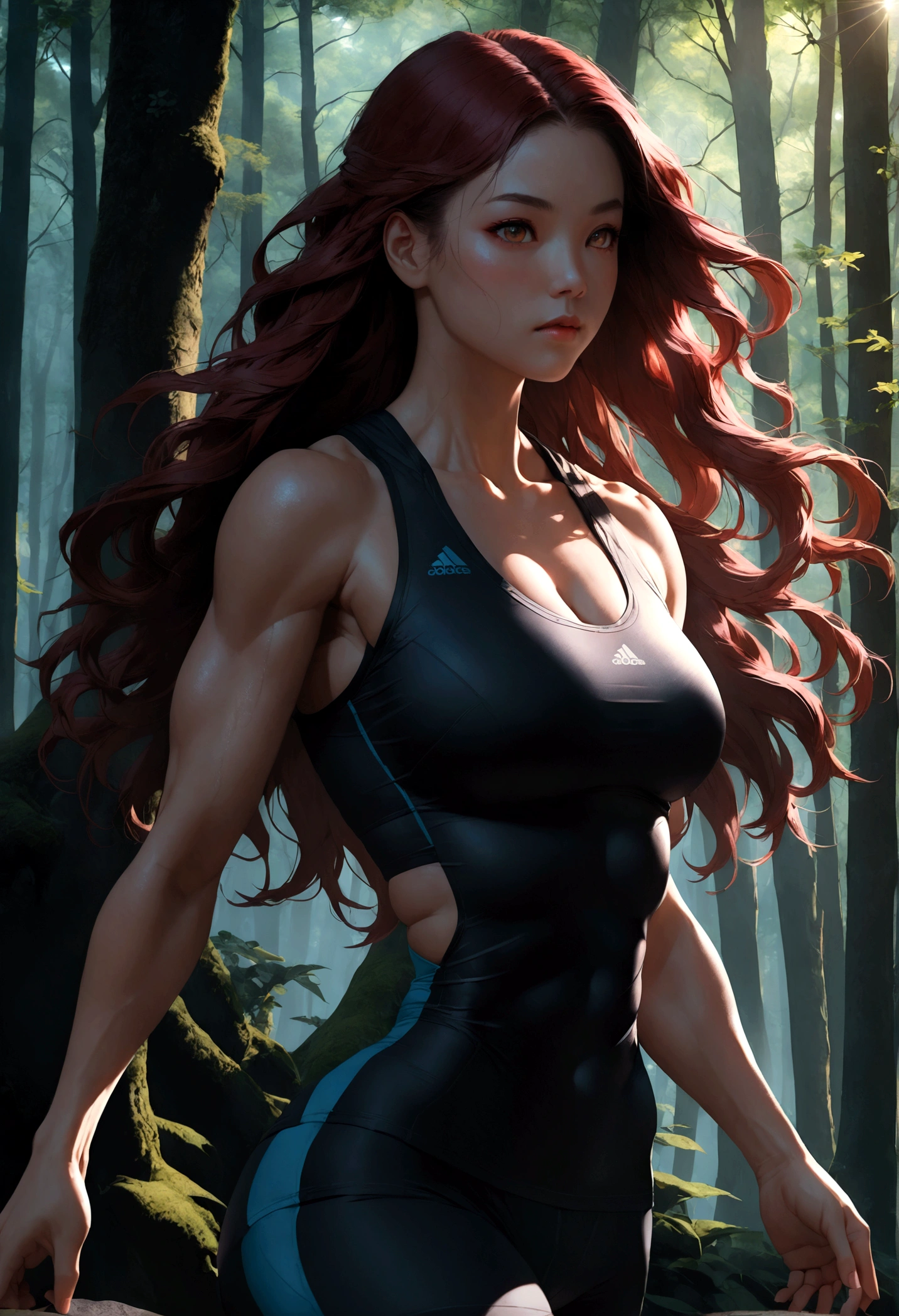 1girl, Athlete, a muscular athletic girl, dynamic athletic pose, athletic wear, detailed facial features, long hair flowing, outdoor forest nature background, dramatic lighting, cinematic composition, 8k, highest quality, intricate details, vibrant colors, masterpiece, best quality, very aesthetic, absurdres
