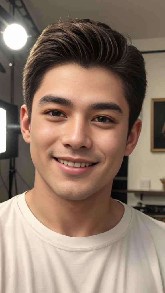 ((Highest quality, 8K, Masterpiece: 1.3))、Cool Thai man, 1A man who has、 yo、Good appearance、Beautiful nose、smile、 Detailed eyes and face、beautiful light、(studio)、high resolution、(Look at the viewer.)、Fine mouth、smile、whole body: 1.5, perfect shape: 1.3, Picture of both shoulders:1.3, White round neck t-shirt:1.5