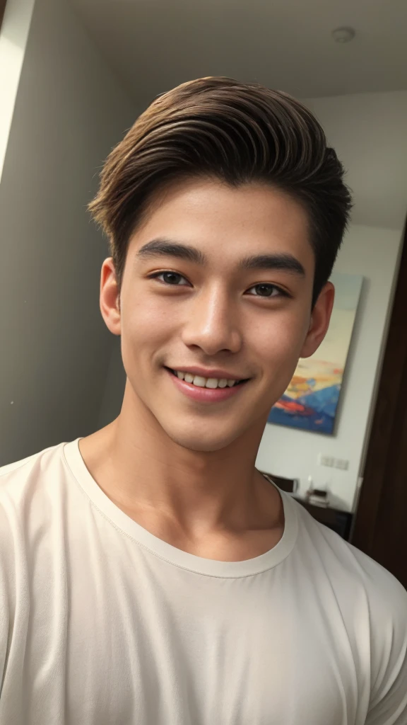 ((Highest quality, 8K, Masterpiece: 1.3))、Cool Thai man, 1A man who has、 yo、Good appearance、Beautiful nose、smile、 Detailed eyes and face、beautiful light、(studio)、high resolution、(Look at the viewer.)、Fine mouth、smile、whole body: 1.5, perfect shape: 1.3, Picture of both shoulders:1.3, White round neck t-shirt:1.5