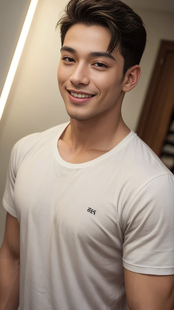 ((Highest quality, 8K, Masterpiece: 1.3))、Cool Thai man, １A man who has、 yo、Good appearance、Beautiful nose、smile、 Detailed eyes and face、beautiful light、(studio)、high resolution、（Look at the viewer.）、Fine mouth、smile、whole body: 1.5, perfect shape: 1.3, Picture of both shoulders:1.3, White round neck t-shirt:1.5