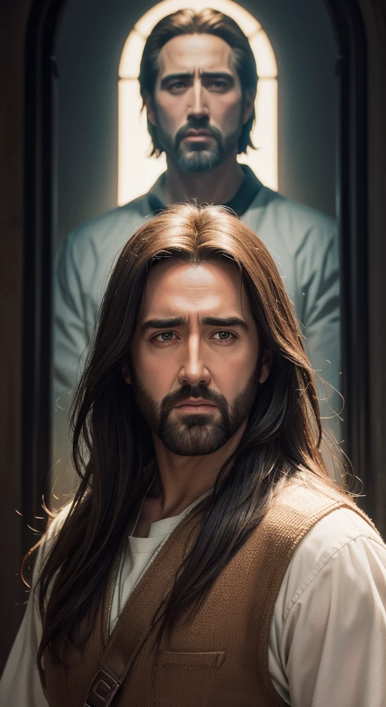 Jesus with the face of Jim Caviziel,Nicolas cage&#39;eyeballs,face detailed,Sacred appearance,holy expression,golden halo,godly light,serene atmosphere,heavenly background,Religious Art,painting medium,ultra-detailed brushstrokes,artwork :1.2,hdr,ultra HD,studio lighting,realisitic,colorful palette,shiny colors,soft, warm hues,soft natural lighting,subtle shadows,dramatic contrast,emotion captured,facial features in focus,piercing look,Strong jaw,beautiful appearance ,wavy brown hair,perfectly groomed beard,fluttering white mantle,Long flowing hair,graceful pose,open arms,divine presence,Peaceful aura,Spiritual energy