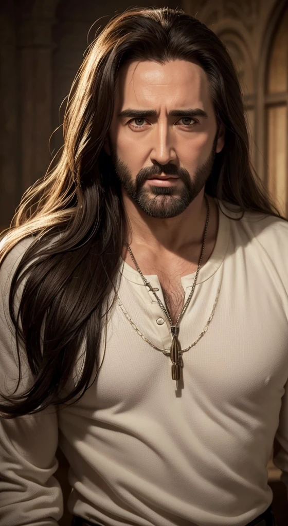 Jesus with the face of Jim Caviziel,Nicolas cage'eyeballs,face detailed,Sacred appearance,holy expression,golden halo,godly light,serene atmosphere,heavenly background,Religious Art,painting medium,ultra-detailed brushstrokes,artwork :1.2,hdr,ultra HD,studio lighting,realisitic,colorful palette,shiny colors,soft, warm hues,soft natural lighting,subtle shadows,dramatic contrast,emotion captured,facial features in focus,piercing look,Strong jaw,beautiful appearance ,wavy brown hair,perfectly groomed beard,fluttering white mantle,Long flowing hair,graceful pose,open arms,divine presence,Peaceful aura,Spiritual energy