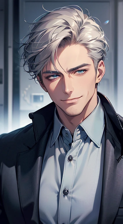 (best quality, masterpiece, 8K, photorealistic, cinematic lighting, 1:4 hdr image, ultra detailed, beautiful image), a mature man, 25 years very handsome, ((cold expression smile in love)), short grey hair, blue eyes, face perfect without mistakes, ((buttoning his jacket, CEO)), smile.
