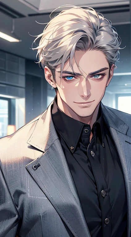 (best quality, masterpiece, 8K, photorealistic, cinematic lighting, 1:4 hdr image, ultra detailed, beautiful image), a mature man, 25 years very handsome, ((cold expression smile in love)), short grey hair, blue eyes, face perfect without mistakes, ((buttoning his jacket, CEO)), smile.