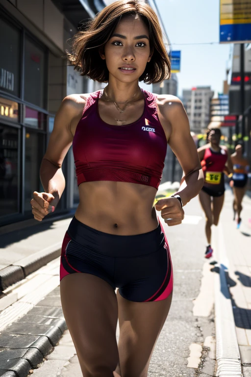Olympic、Athletics、Women's Marathon、short chestnut hair、Sunburned skin、Beautiful and voluptuous、非常にhealthyでAthletic abilityの高いyoung女性が、SoakingWetClothey body is wet、With a look of pain、Under the scorching sun、(Running through the city streets:1.9)、ぴったりとしたクロップ丈のTank top、Play shorts、running シューズを履き、Muscularの体格と形の良い曲線は、激しいtrainingによって強調されています。(Highest quality、8K、High resolution、masterpiece:1.2)、Super detailed、(Real、Photorealistic、Photorealistic:1.37)、Highly detailed facial features、Beautifully detailed eyes、Beautifully detailed lips、Highly detailed eyes and face、Long eyelashes、Athletic ability、Muscular、healthy、Slender、Tightened、Tightened、Tightened、6 Pack Abs、Curvaceous、Hourglass body type、young、Perfect Skin、Glowing Skin、Sweat、Heavy breathing、A tense look、bliss、intoxication、running、Uphill、Cityscape、Fiery sunlight、City、Fitness、training、Sportswear、Tank top、Play shorts、runningシューズ、