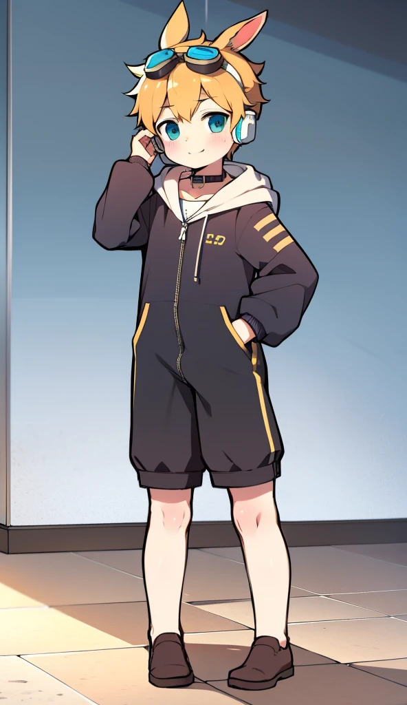 2D Boy Shota，One-piece loungewear，Slim, healthy body，Put the headphones on your head，stand up，goggles，Rabbit ears，happy，Sailor collar，tie，Zipper pulled down，hood