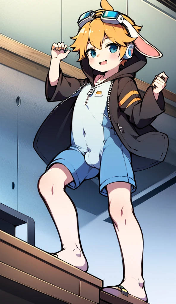 2D Boy Shota,One-piece loungewear,Slim, healthy body,Put the headphones on your head,stand up,goggles,Rabbit ears,happy,Sailor collar,tie,Zipper pulled down,hood