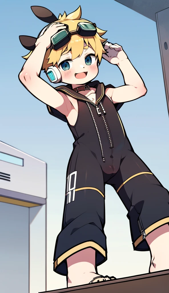 2D Boy Shota，One-piece loungewear，Slim, healthy body，Put the headphones on your head，stand up，goggles，Rabbit ears，happy，Sailor collar，tie，Zipper pulled down，hood
