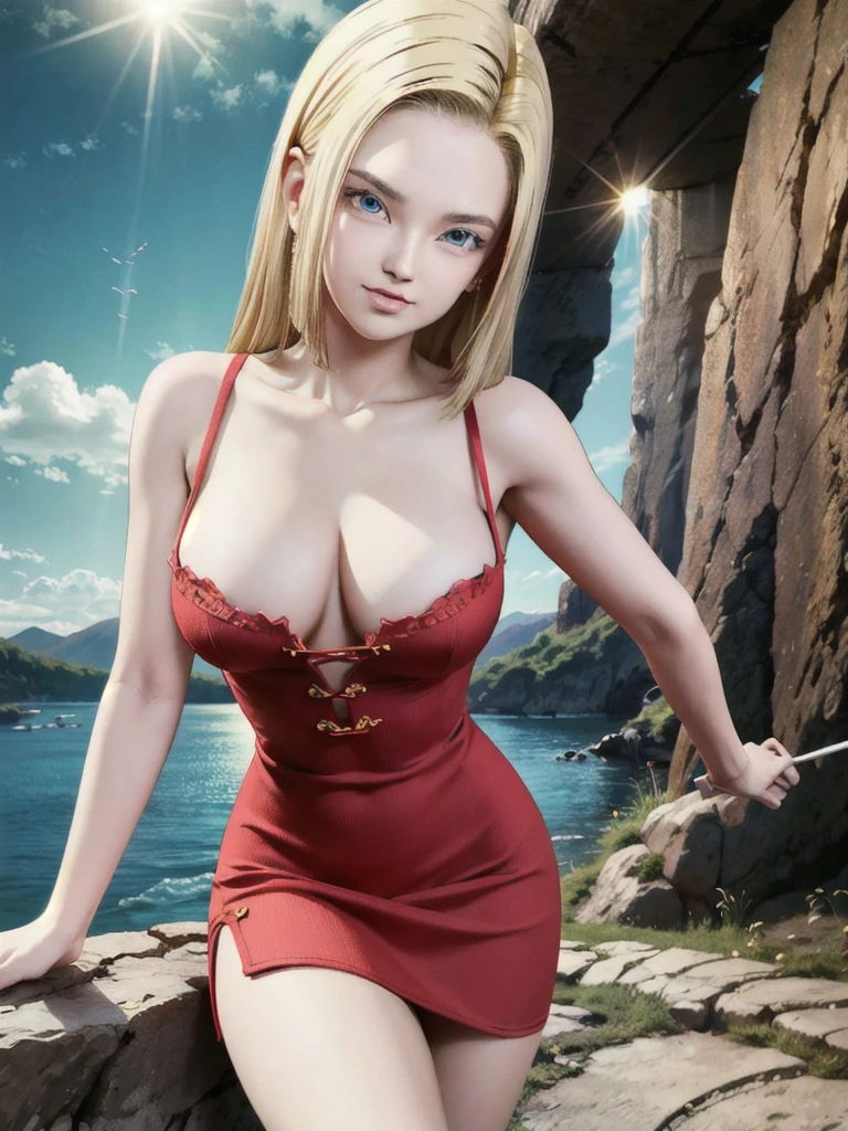 android 18,blonde hair,(((long hair))),blue eyes,(long slit red sexy cheongsam), (Red),looking at the audience,face smile,close-up, portrait, river,rock, ,tree,blue sky,high quality,masterpiece,sexy body, sexy Red Dress, red,perfect big breasts, Hyperrealistic intricate detail, Cinematic, 8K resolution, 70mm, Accent Lighting, Global Illumination, Full body portrait, clean detailed faces,