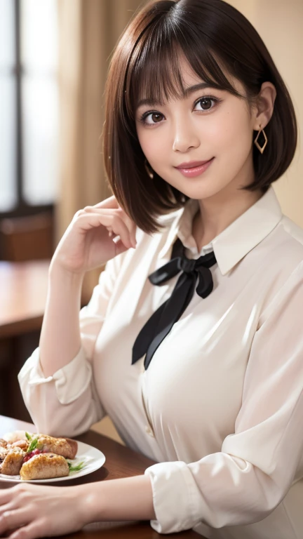 (masterpiece)、(Highest quality:1.5)、(Photorealistic:1.2)、(Surreal), (High resolution), (Realistic), (Post-processing),(Sharp focus), Sharp focus:1.2,Backlight, (Improvement of quality:1.4), (Narrow waist)、Big Ass、((Perfectly detailed five-fingered hands)),(Anatomically correct body)、((1 female:1.4))、Japanese、Realistic Skin、(Small chest:1.4)、Bust size is A cup、Pretty woman with perfect figure:1.4,(from the front:1.5), (Enhances the beauty of skin texture:1.1),No makeup、美しいBlack Hair、The best smile、Natural color lip、(Small Mouth:1.4)、The mouth is not open、Thick lips、(Oval Face)、Even bangs、Hide eyebrows with bangs、((33-year-old woman))、Bob Hair、Hair blowing in the wind, (Black Hair, Iris, Watery eyes, Shining Eyes, Bob Cut Hair, Small earrings,), Hair behind the ear、No makeup、(Drooping eyes)、(((One lovely woman)),((A big friendly smile)),(( Small breasts,Small breastsの谷間)),((((Plump Cheeks)))),((whole body:1.5)),very cute,(Baby Face),高級restaurantで、full-course dinner、Wine Party、Bright image、The beauty of wine, Beautiful Face, red wine 、Appetizers、Italian food、Wine bottle、Champagne、sparkling wine、(slimな顔), (The body is slim),restaurant, White wine, slim, wine glass, 中央に置かれたwine glass, Beautiful fine grain, Depth f/2,saturation, High Contrast, Strong light and shadow,Moist Body:1.5、3D texture、Delicate eyes、((In front of the food on the table:1.5))、White collar shirt and tie、erious expression