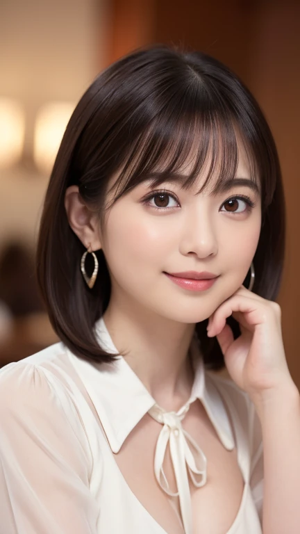 （masterpiece）、(Highest quality:1.5)、(Photorealistic:1.2)、(Surreal), (High resolution), (Realistic), (Post-processing),(Sharp focus), Sharp focus:1.2,Backlight, (Improvement of quality:1.4), (Narrow waist)、Big Ass、((Perfectly detailed five-fingered hands)),（Anatomically correct body）、((1 female:1.4))、Japanese、Realistic Skin、（Small chest：1.4）、Bust size is A cup、Pretty woman with perfect figure:1.4,(from the front:1.5), (Enhances the beauty of skin texture:1.1),No makeup、美しいBlack Hair、The best smile、Natural color lip、(Small Mouth:1.4)、The mouth is not open、Thick lips、(Oval Face)、Even bangs、Hide eyebrows with bangs、((33-year-old woman))、Bob Hair、Hair blowing in the wind, (Black Hair, Iris, Watery eyes, Shining Eyes, Bob Cut Hair, Small earrings,), Hair behind the ear、No makeup、(Drooping eyes)、(((One lovely woman)),((A big friendly smile)),(( Small breasts,Small breastsの谷間)),((((Plump Cheeks)))),((whole body：1.５)),very cute,(Baby Face),高級restaurantで、full-course dinner、Wine Party、Bright image、The beauty of wine, Beautiful Face, red wine 、Appetizers、Italian food、Wine bottle、Champagne、sparkling wine、(slimな顔), (The body is slim),restaurant, White wine, slim, wine glass, 中央に置かれたwine glass, Beautiful fine grain, Depth f/2,saturation, High Contrast, Strong light and shadow,Moist Body:1.5、3D texture、Delicate eyes、((In front of the food on the table：1.5)）、White collar shirt and tie、erious expression