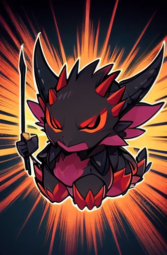 Three horned dragon, it's skin is black with red and have two tails with a spiky club.