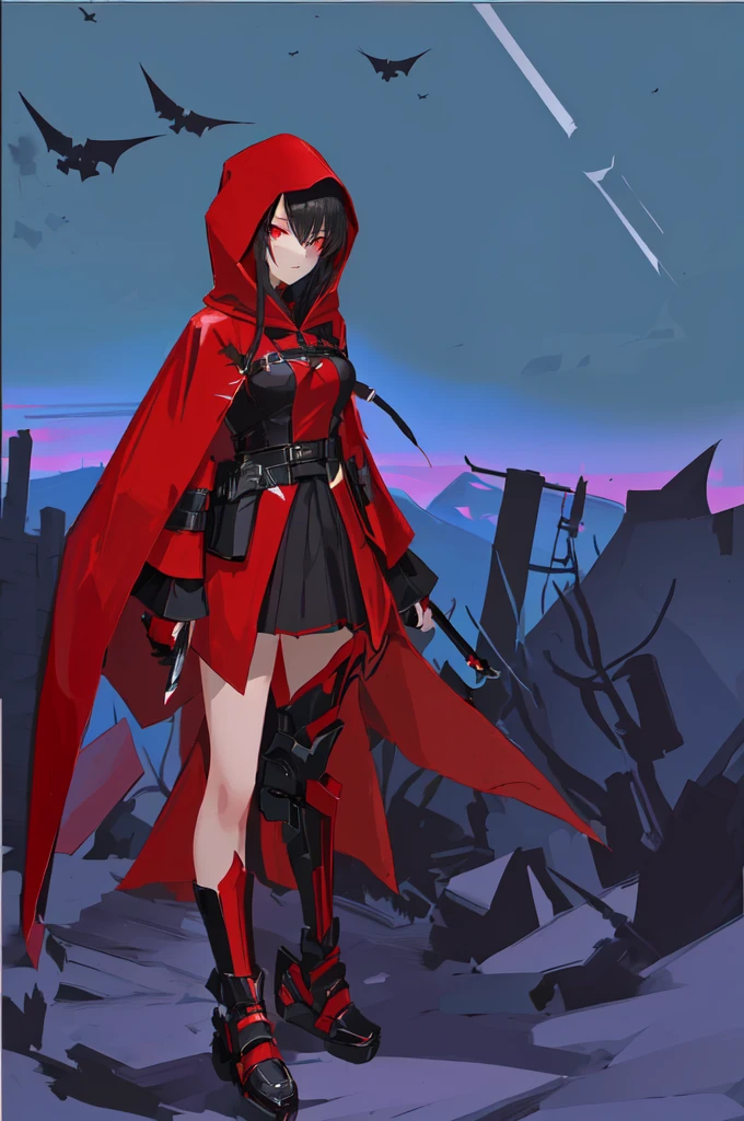 cartoon of a Girl in a red and black outfit with a blade, red demon cloak, villain wearing a assassin suit, red hooded assassin, crimson attire, assassin