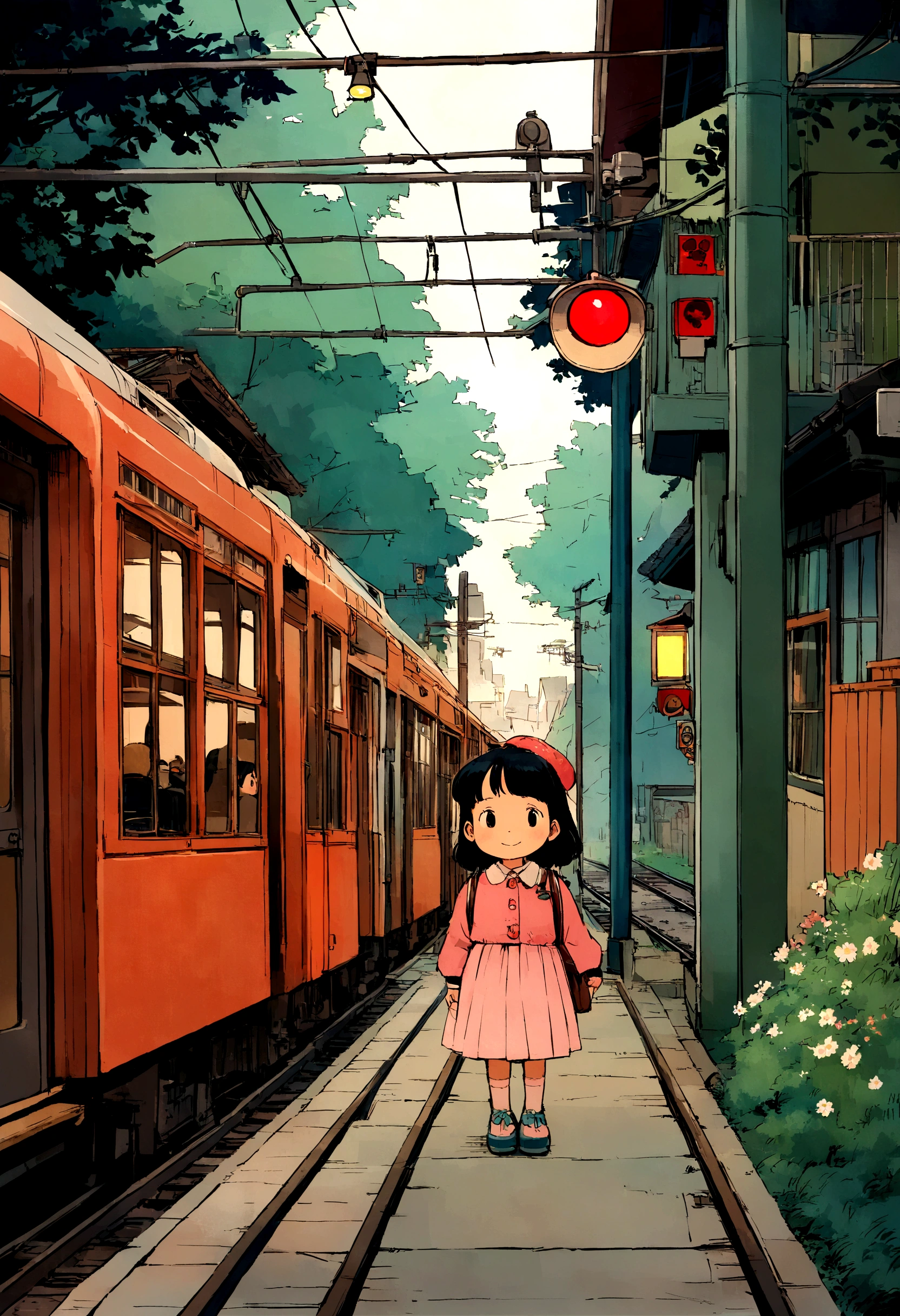 Scenery of the 80s in Japan, Studio Ghibli, train track, (If you listen to the original), (,girl,happiness), A train passes in front, subway traffic lights, 횡단보도에 있는 girl