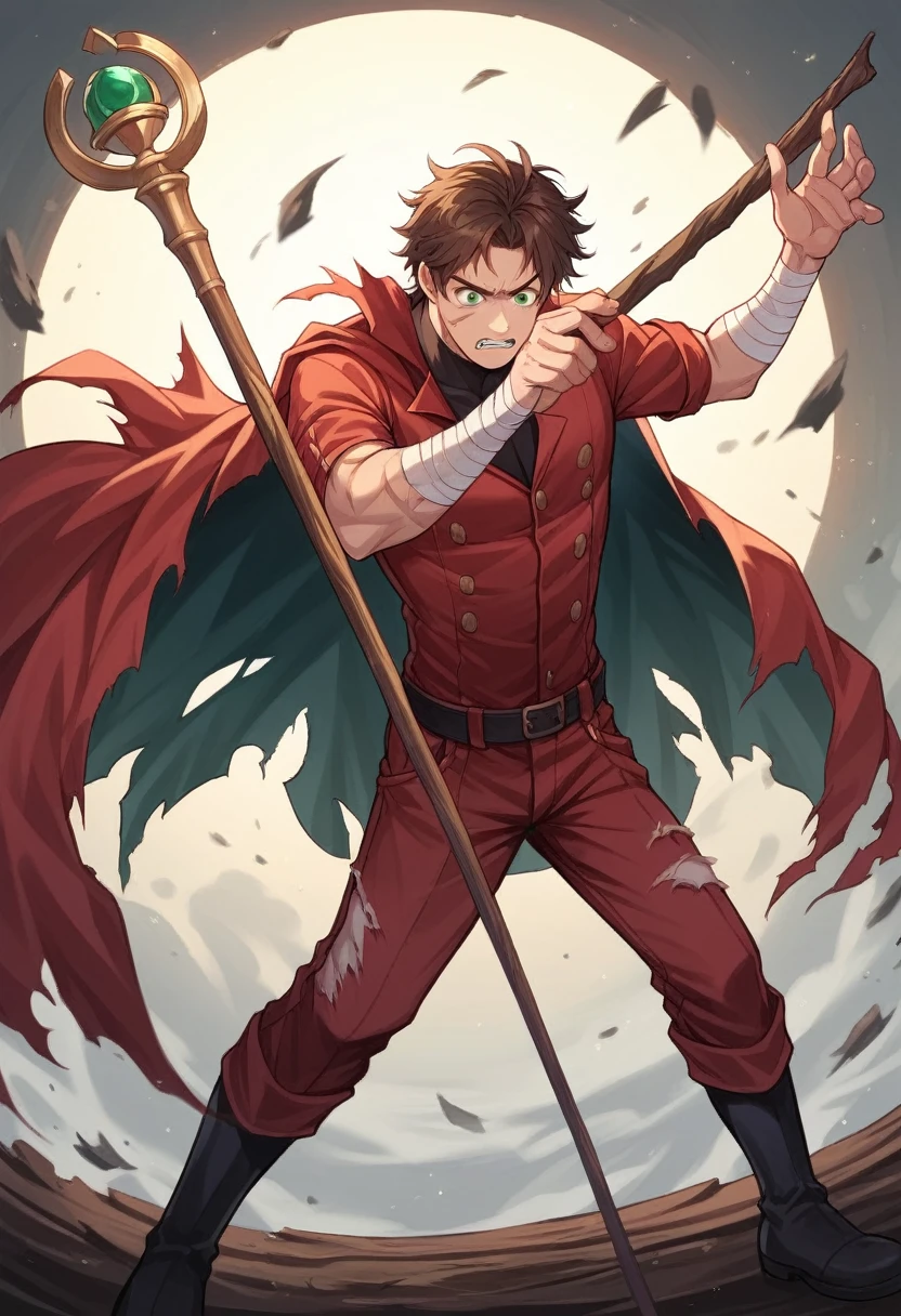 source_anime, score_9, score_8_up, score_7_up, score_6_up, score_5_up, score_4_up, masterpiece, best quality, detailed, 8k, brown hair, green eyes, man, 1boy, solo standing, magician, ripped cloak, torn cloak, holding a wooden staff, black skin tight body suit, red lined bodysuit, bandaged arms, boots, cargo pants, scared face, scars, arms apart, confident, messy hair,