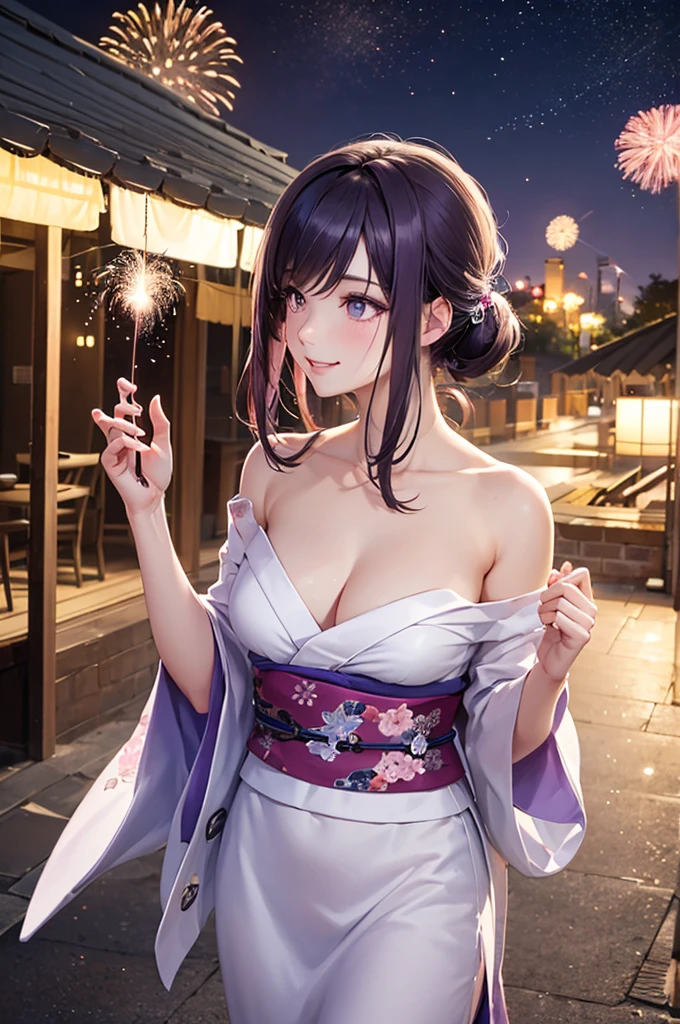 (Best Quality,High resolution,8K,finelity detailed background,Masterpiece:1.2),beautiful girl,Shiny purple hair,pony tail,Beautiful purple eyes,Gentle look,A refreshing look,Best quality,Best Quality,Aesthetic and aesthetic:1.2,Best details((Super detailed))(High-definition CG illustrations),yukata(Floral),Slender body,night,Fireworks display,Fireworks in the background,Fireworks,smile,blush,cute,Scrounge,Looking up,Being spoiled,super model