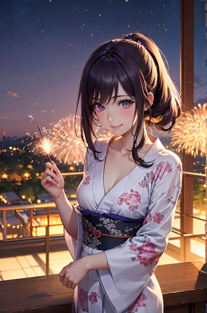 (Best Quality,High resolution,8K,finelity detailed background,Masterpiece:1.2),beautiful girl,Shiny purple hair,pony tail,Beautiful purple eyes,Gentle look,A refreshing look,Best quality,Best Quality,Aesthetic and aesthetic:1.2,Best details((Super detailed))(High-definition CG illustrations),yukata(Floral),Slender body,night,Fireworks display,Fireworks in the background,Fireworks,smile,blush,cute,Scrounge,Looking up,Being spoiled,super model