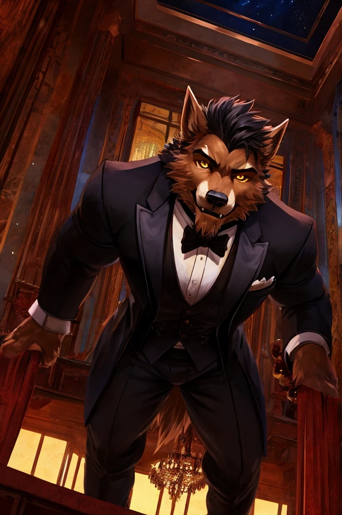 Giant Buff Werewolf Butler, Confident, Golden Eyes, Muscular, Handsome, Charming, View from Below, High Contrast, Standing over the Viewer