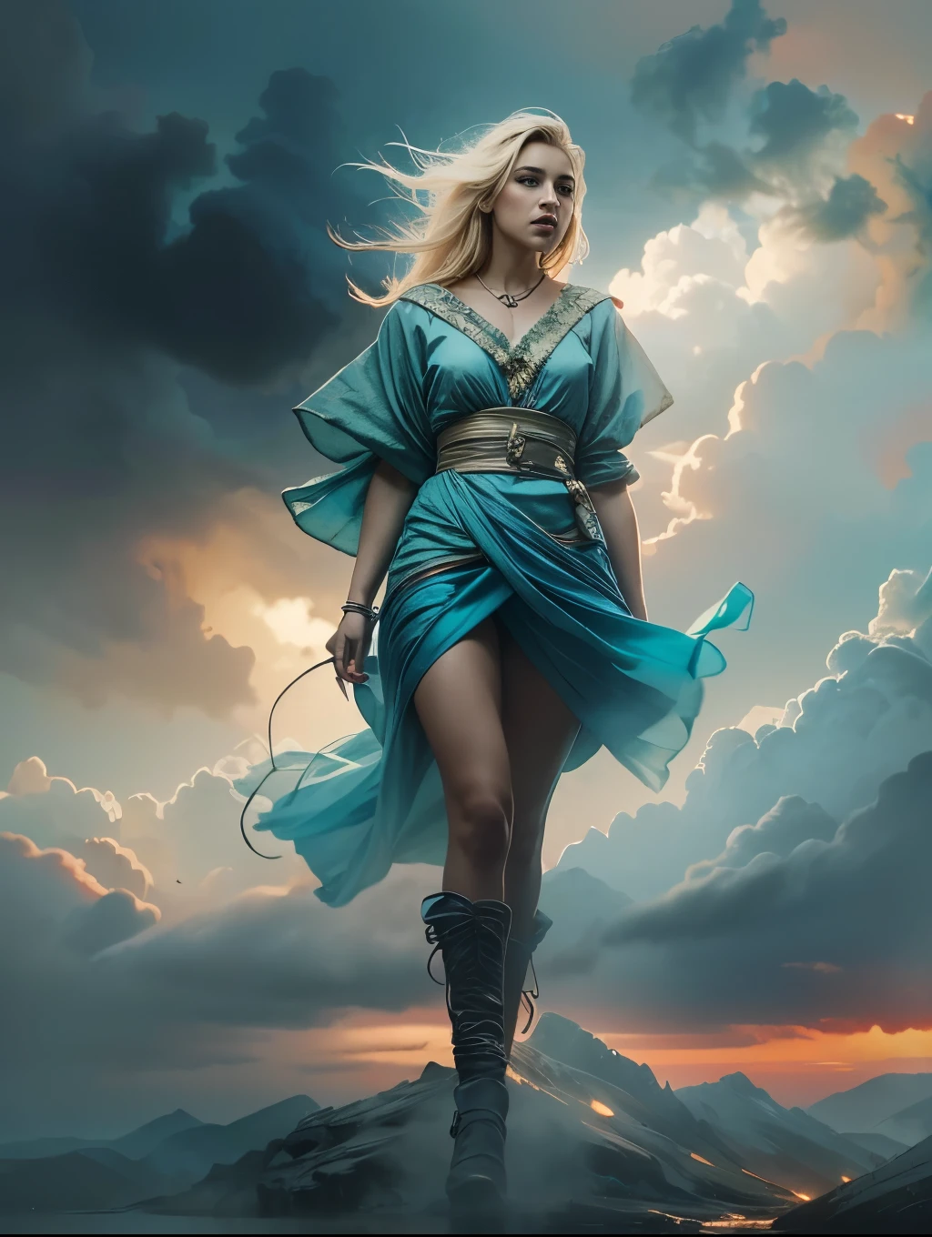 (masterpiece), cartoon, best quality，(photo_(medium):1.0), by Antonio J. Manzanedo, by Jeremy Lipking, lightning, in a surreal clouds landscape, painting style with watercolor, Brushstrokes, black  eyes,colorful，vibrant colors,1 ultra hot gorgeous European woman. Blonde hair. Goddess. Blue hue clothes. Walking above clouds.