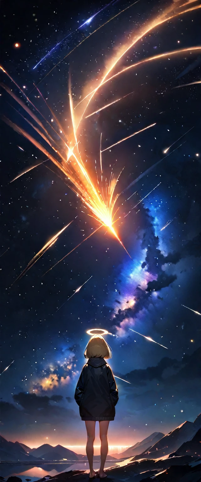 (((A meteor shower dancing in the night sky, countless stars twinkling in the clear air, a beautiful starry sky, the Milky Way shining beautifully in the night))), with angel wings on back, halo, hands in pockets, looking up, mountain, wide shot, back shot, a girl, bob cut, bare legs, bare foot, blond hair, (best quality, 4K, 8K, highres, masterpiece:1.2, ultra-detailed, HDR, uhd, studio lighting, ultra-fine painting, sharp focus, physically-based rendering, extreme detail description, professional, vivid colors, bokeh)