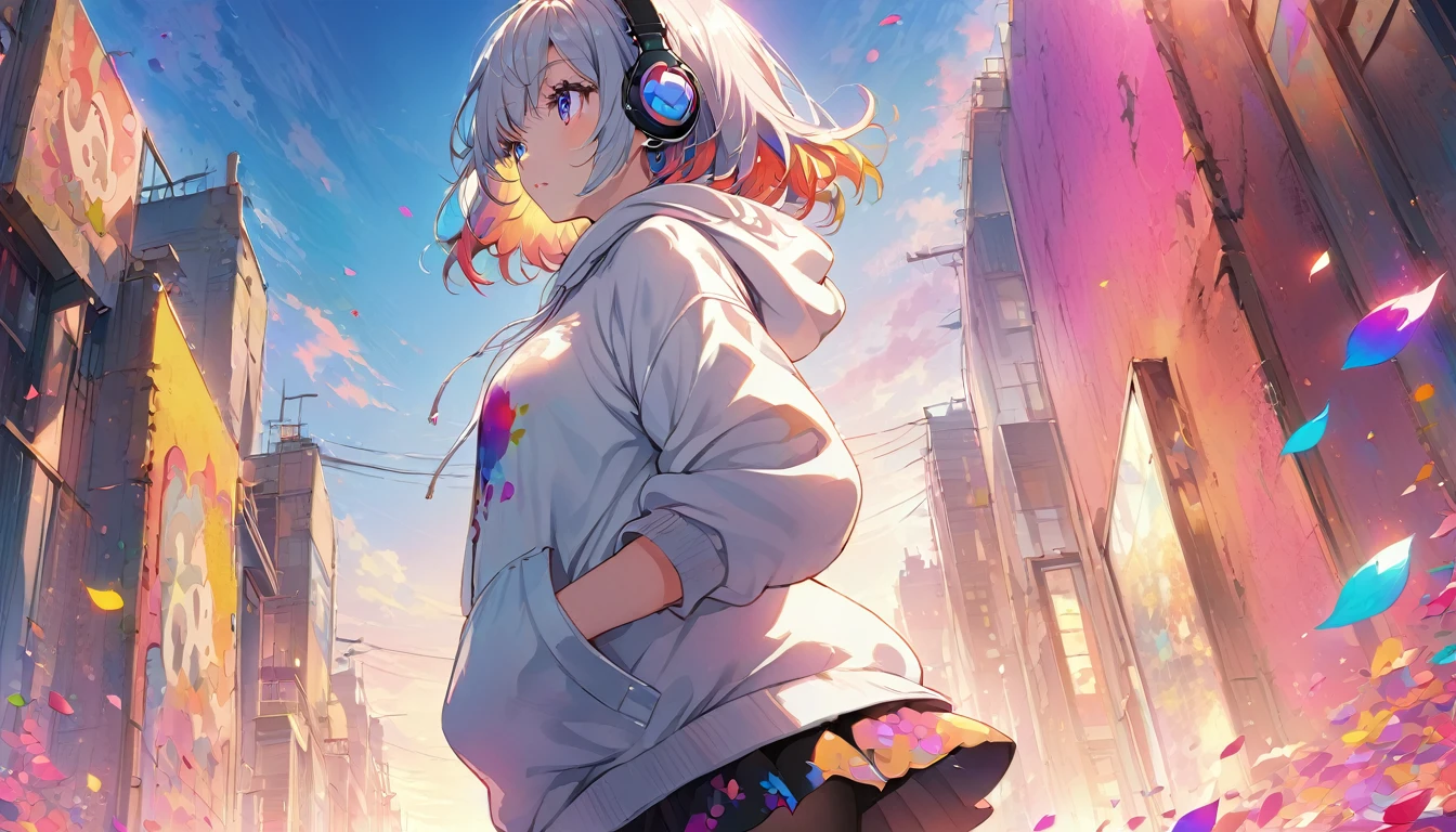 ((Masterpiece)), ((best quality)), (Anime:1.3), (super detail:1.2), (High Definition:1.3), (Professional Photography:1.3), cute young Girl, (Gazing into the distance:2), (Gazing skyward:2), (Her not looking at camera), Glossy unruly hair, (loose swept bangs), (silver ash hair), medium hair, big eyes, (Eye bags:1.3), (Long eyelashes), colorful eyes, (frown), Glossy lips, (jagged teeth), ((white hoodie with oversized)), barearms, cute, (hands in pocket), (colorful:1.3), gothic makeup, (walking around the City), colorful petals dance around her, beautiful sunset, wearing headphones, (shoot from side), (from below),
