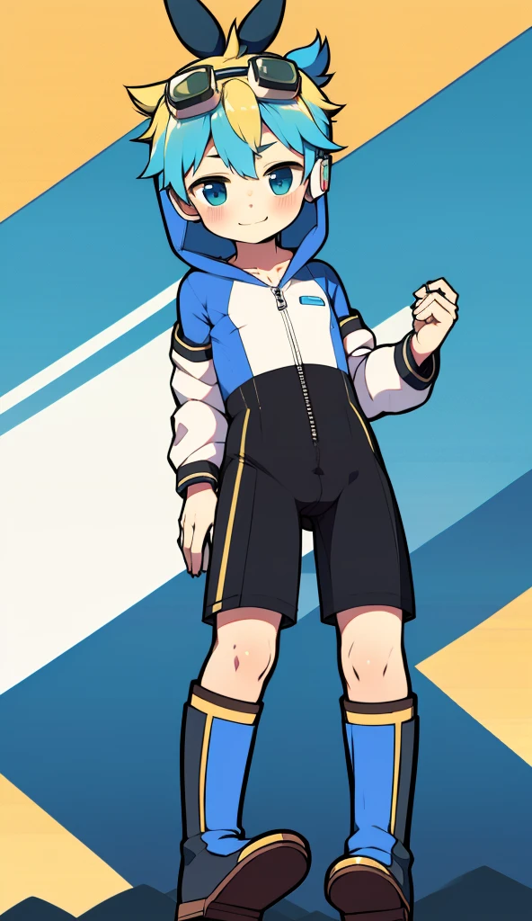 2D Boy Shota,One-piece mountaineering suit,Slim, healthy body,Put the headphones on your head,stand up,goggles,Rabbit ears,happy,Sailor collar,tie,Zipper pulled down,boots,hood