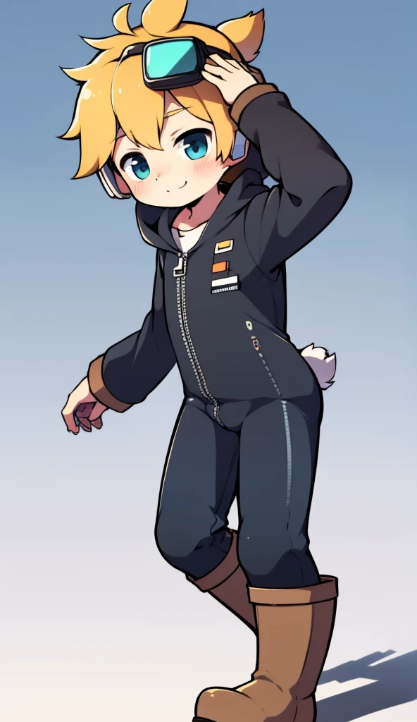 2D Boy Shota,One-piece mountaineering suit,Slim, healthy body,Put the headphones on your head,stand up,goggles,Rabbit ears,happy,Sailor collar,tie,Zipper pulled down,boots,hood