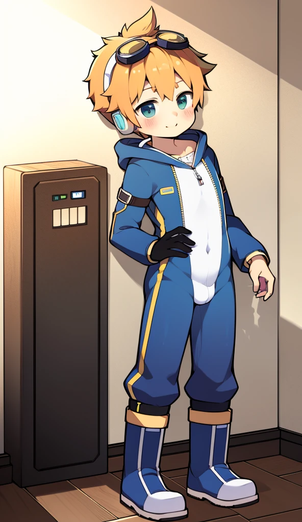 2D Boy Shota,One-piece mountaineering suit,Slim, healthy body,Put the headphones on your head,stand up,goggles,Rabbit ears,happy,Sailor collar,tie,Zipper pulled down,boots,hood
